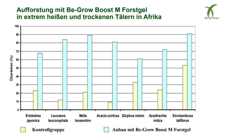 Grafik zur Aufforstung mit Be-Grow Boost M Forstgel in extrem heißen und trockenen Tälern in Afrika 